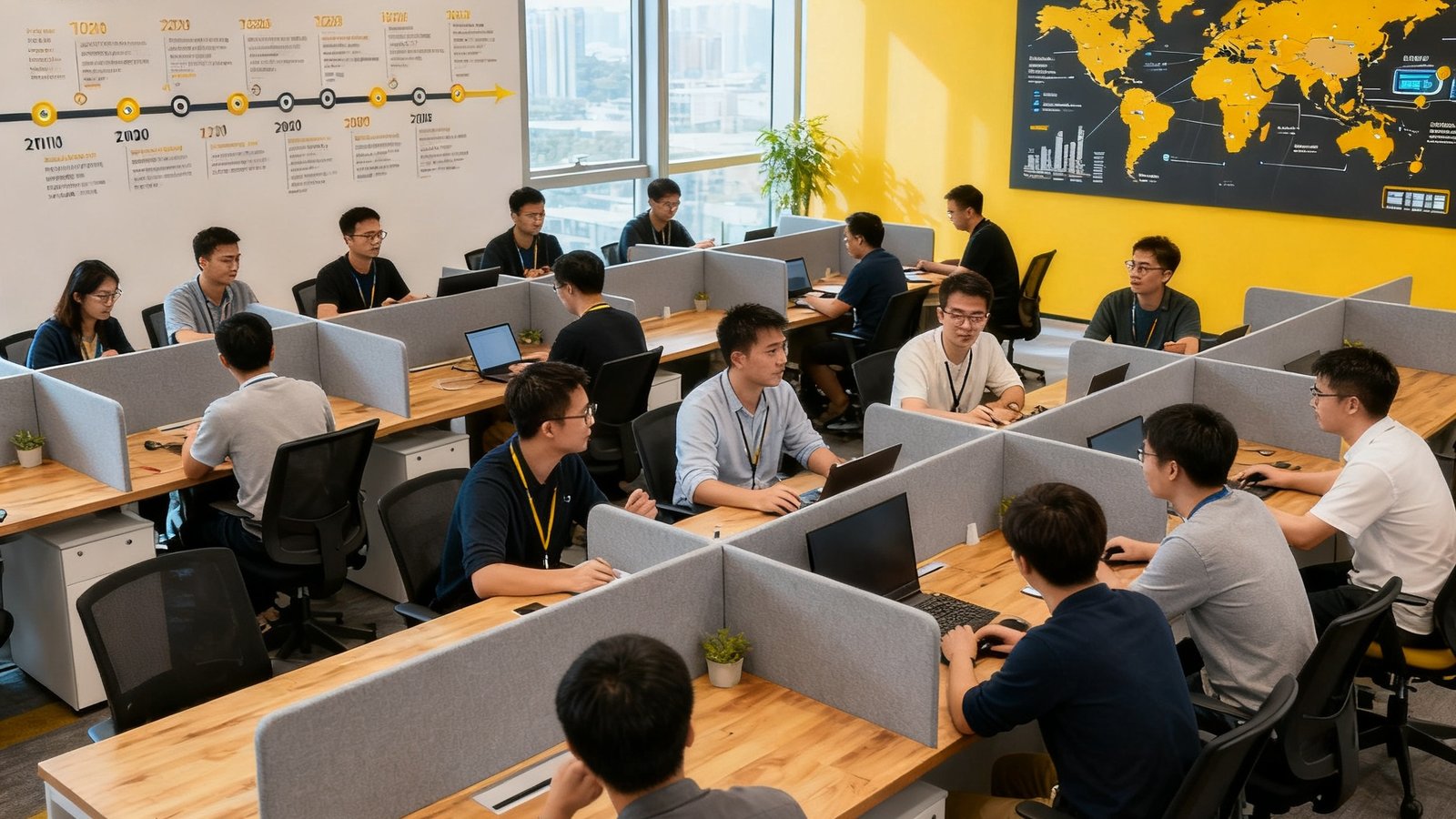 PlayAce深圳总部办公室内，约40名团队成员正在开放式办公区协作，背景墙上展示着公司发展历程时间轴和全球数据中心分布地图。