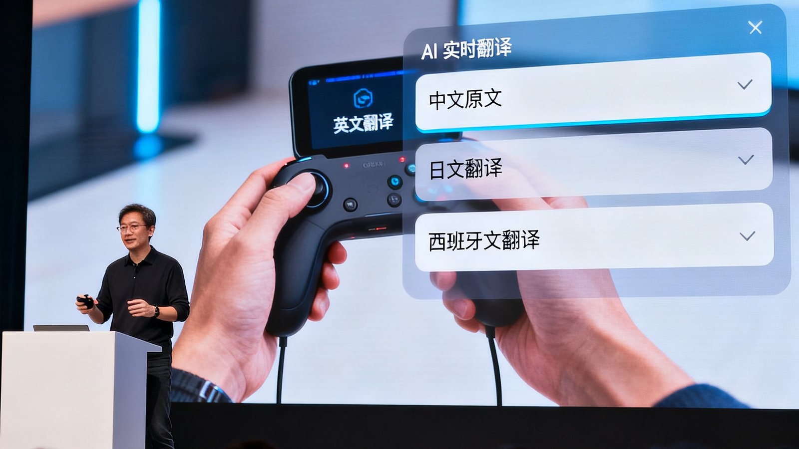 PlayAce产品更新发布会上，产品总监展示AI实时翻译功能，屏幕上同时显示中文原文和英文、日文、西班牙文翻译结果。