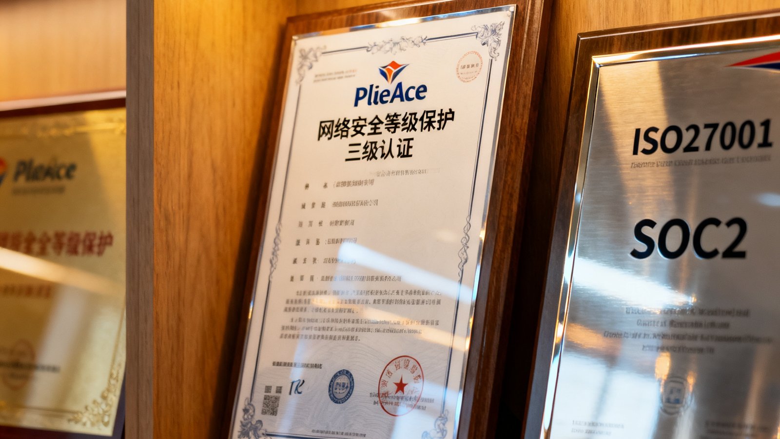 PlayAce获得的网络安全等级保护三级认证证书特写，证书摆放在公司荣誉展示柜中，旁边是ISO27001和SOC2认证牌匾。