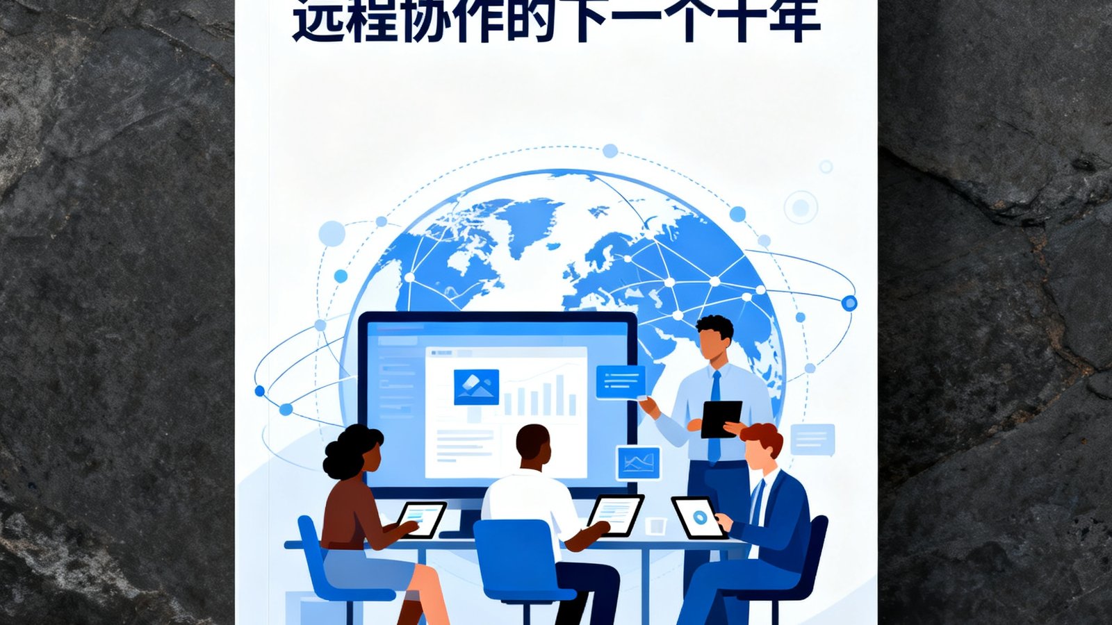 一份关于2025年混合办公趋势的研究报告封面，标题为'远程协作的下一个十年'，背景是全球化办公场景的插画。