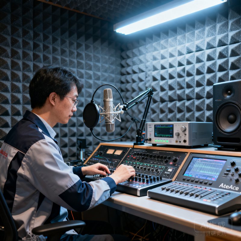 方雅文，PlayAce联合创始人兼音视频实验室负责人，前腾讯高级研究员，在消声室中调试音频设备。